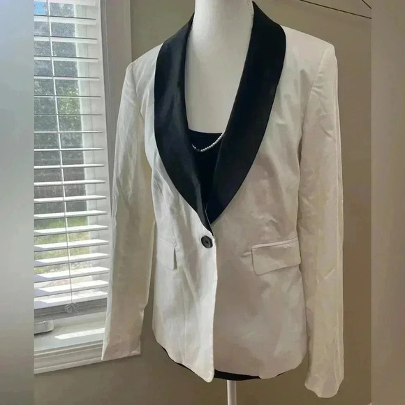 [10]Club Monaco White Cotton Black Collar Lined Single  Breasted Blazer - Picture 1 of 13